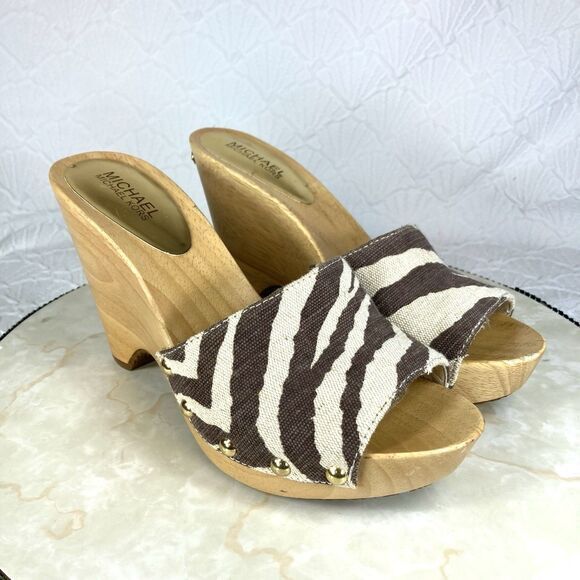 Michael Kors Platform Clogs Women Sz 9 Brown Animal Print 70’s Style Sandals - Picture 1 of 13